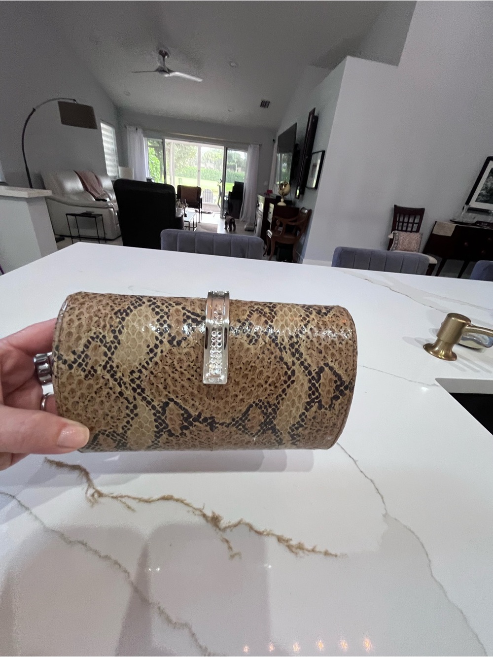 Snake-Print Cylinder Clutch in Brown
